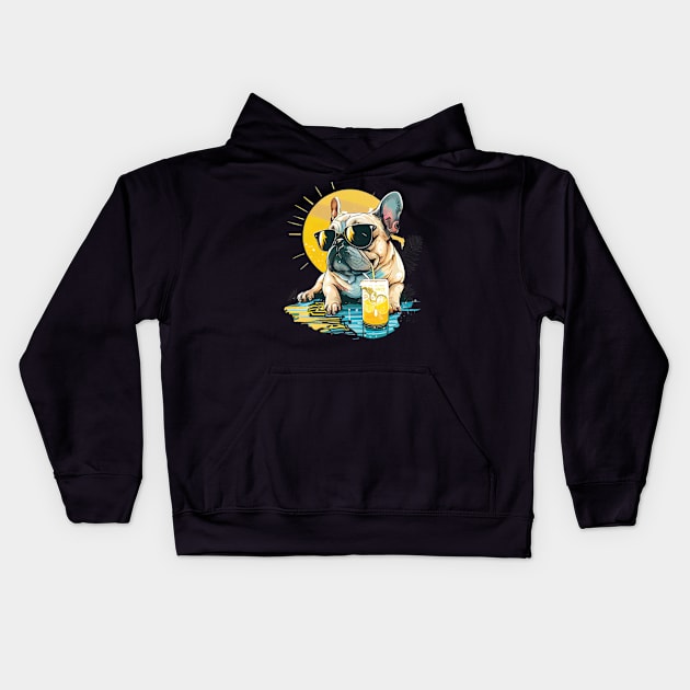 French Bulldog Clipart with Sunglasses Drinking Lemonade, Summer Vibes Kids Hoodie by MichaelStores